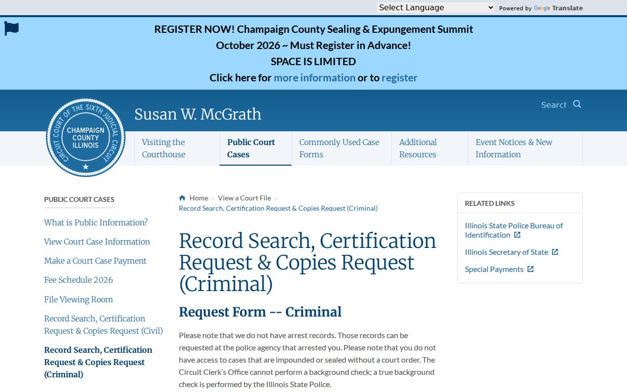 Champaign County criminal court record request page