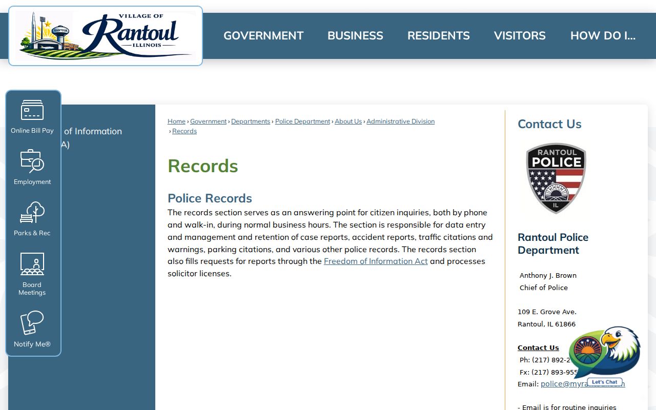 Rantoul criminal history police Records Section page